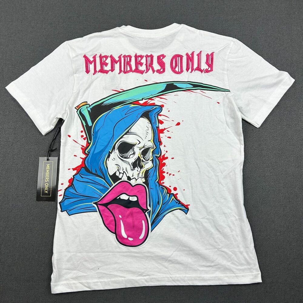 Members Only Shirt Mens XL‎ White Grim Reaper Back Hit Big Mouth Dagger NWT